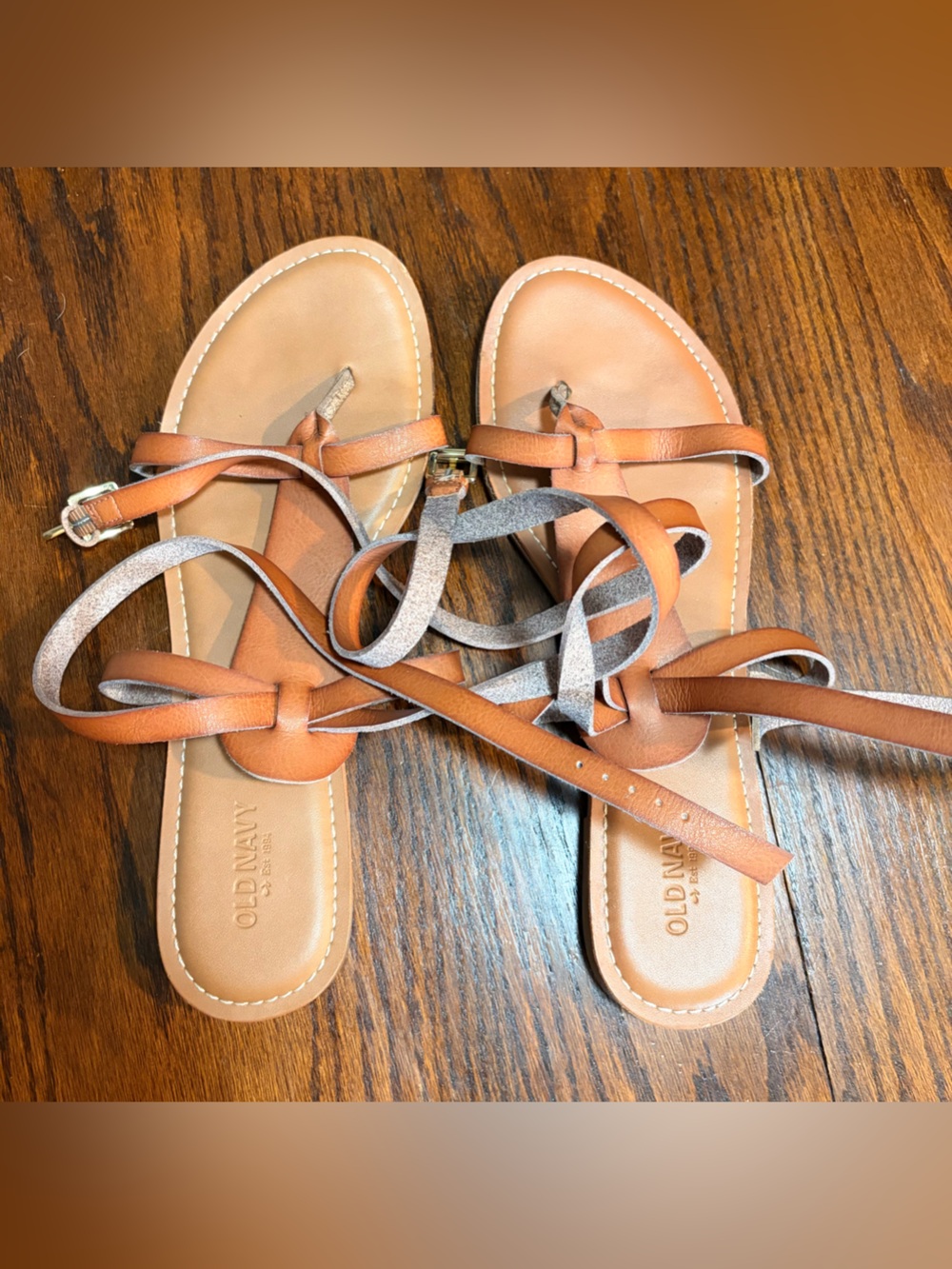 Old Navy Tan Leather Strappy Buckle Flat Sandals